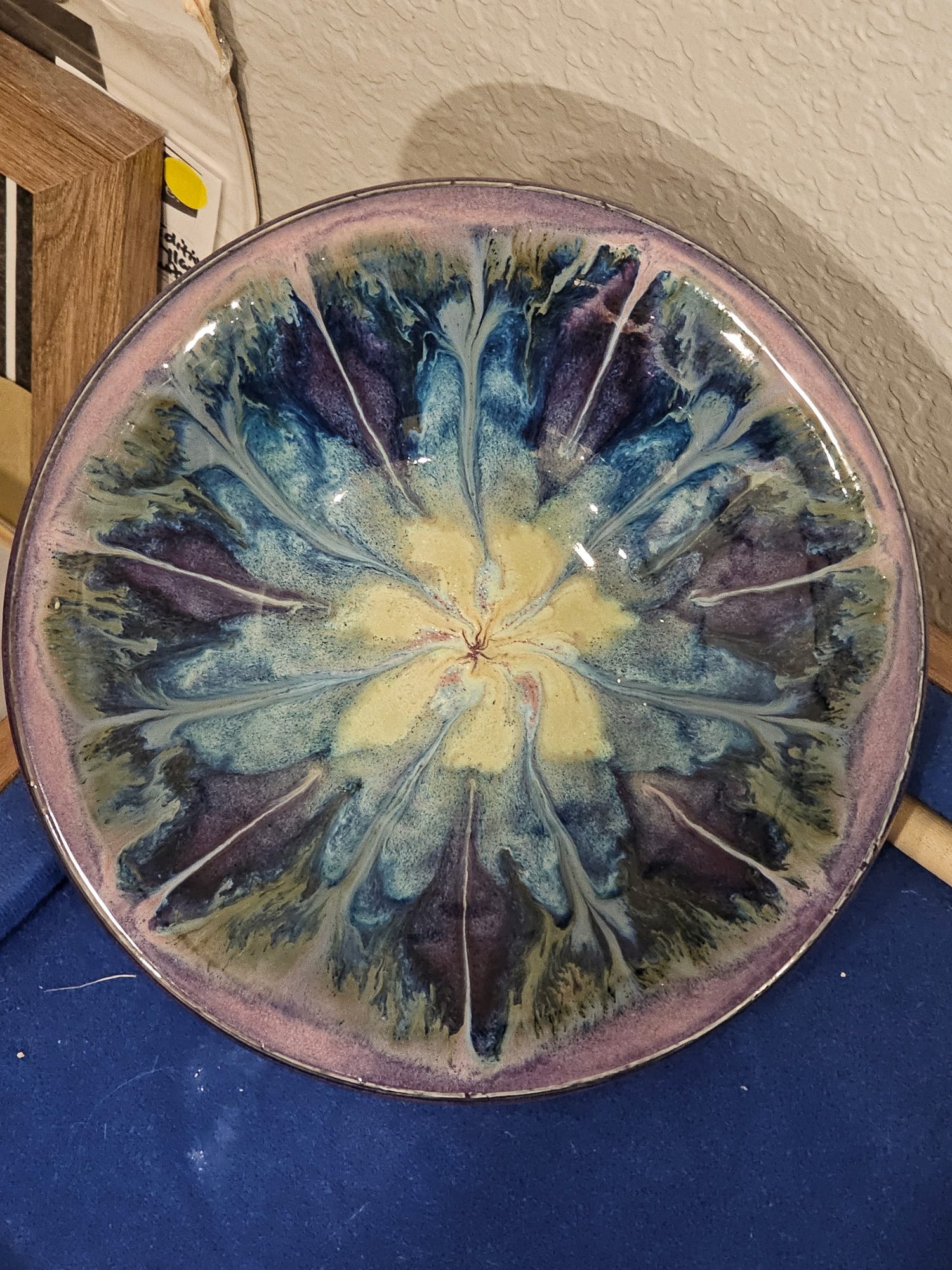 Finished platter with feathered blue and violet glaze
